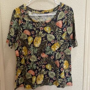 J Jill Pima Cotton Scoop Neck Elbow Sleeve Tee Top Tropical Fruit Print